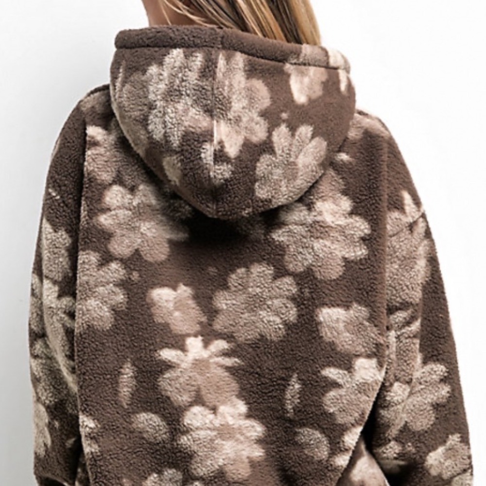 Obey Floral Sherpa Fleece Hoodie Brown Tan Flower Print Pullover Mens Womens - Picture 3 of 10